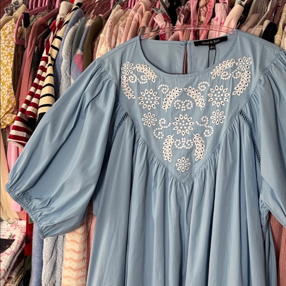 051 • Cornflower Blue Cotton Midi Dress | Boho Baby Doll Eyelet Wheat Embroidery - Picture 7 of 10